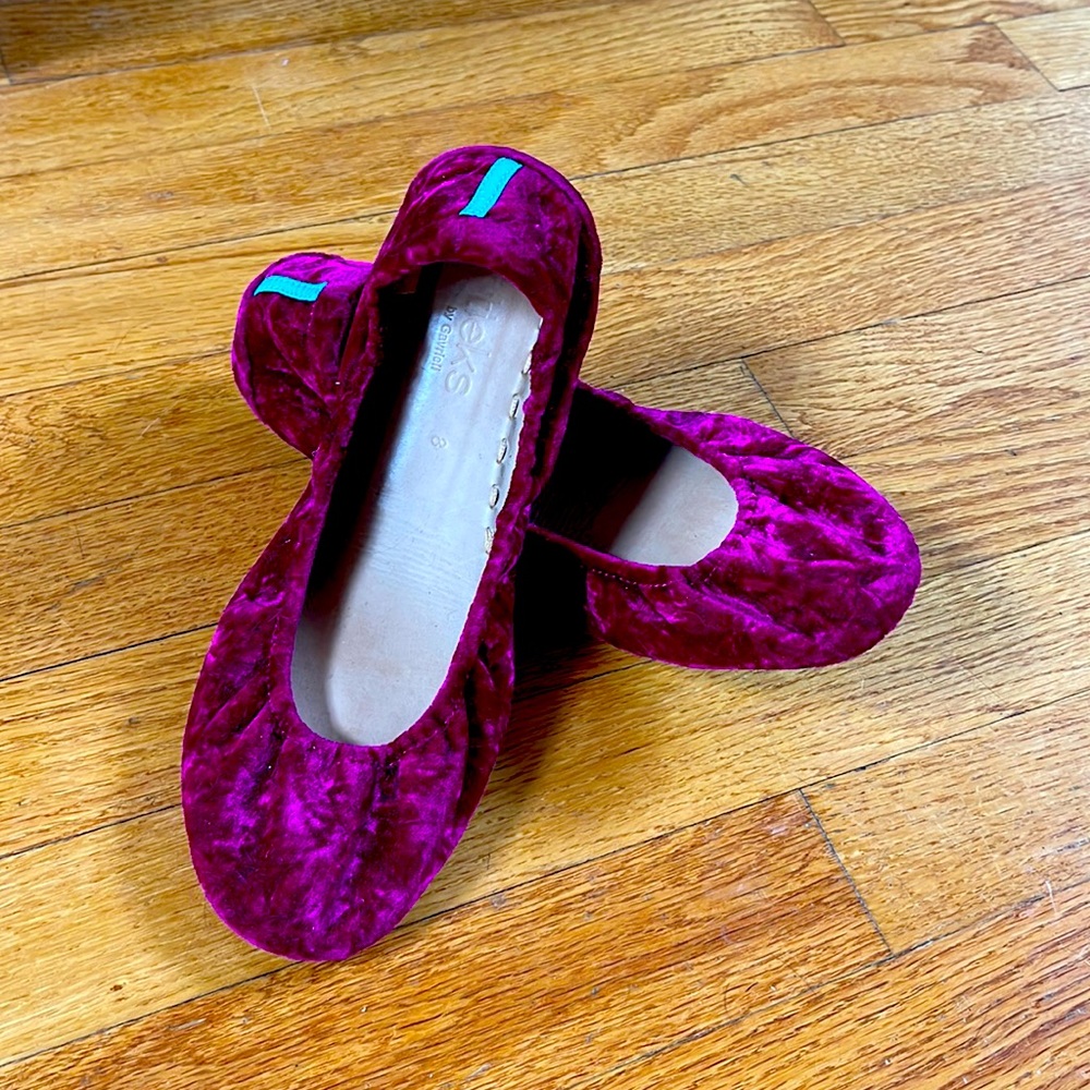 Tieks Tyrian, size 8 available New in box.  Velvet rich magenta w/bow charm